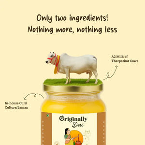 Jar of 'Originally Desi' product with a cow on top, labeled with ingredients and branding.