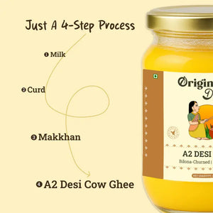 Jar of A2 Desi Cow Ghee with a step-by-step process illustration on a beige background