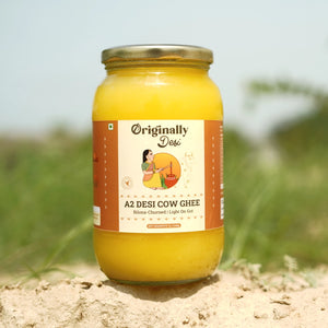 Jar of A2 Desi Cow Ghee with a label on a natural background