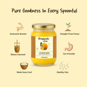 Jar of ghee with benefits listed on a beige background