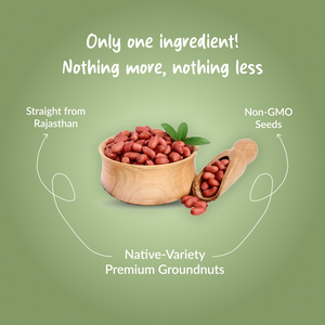 Wooden bowl and scoop filled with red groundnuts on a green background with text about the product.