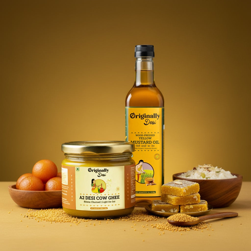 A2 Desi Cow Ghee (350ml) + Wood Pressed Yellow Mustard Oil (1L) Combo