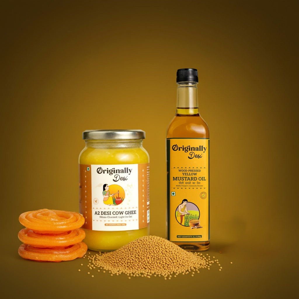 Jars and bottles of 'Originally Desi' ghee and mustard oil on a yellow background