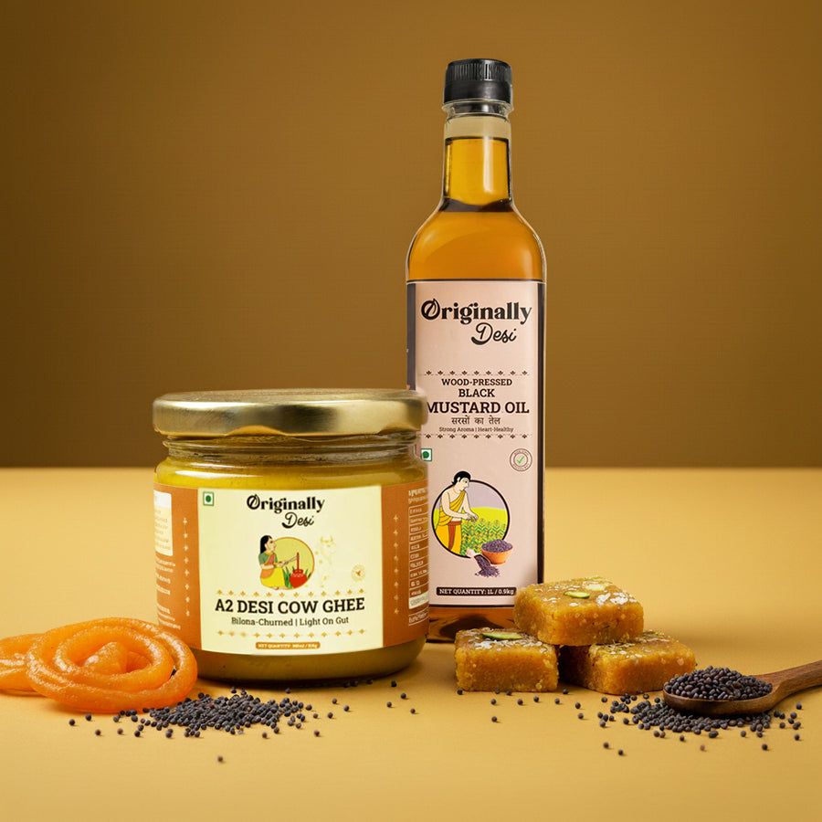A2 Desi Cow Ghee (350ml) + Wood Pressed Black Mustard Oil (1L) Combo